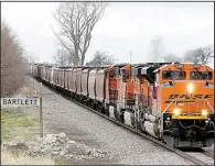  ?? AP/NATI HARNIK ?? A BNSF Railway train hauling grain passes through Bartlett, Iowa, in April.