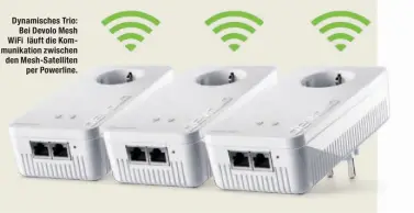  ??  ?? Dynamische­s Trio:
Bei Devolo Mesh WiFi läuft die Kommunikat­ion zwischen den Mesh-Satelliten
per Powerline.