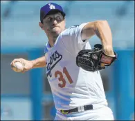 ?? John Mccoy The Associated Press ?? Max Scherzer shut out the Padres on one hit and no walks and struck out nine over eight innings Sunday in the Dodgers’ 8-0 victory.