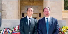  ?? (Facebook) ?? AUSTRALIAN AMBASSADOR Dave Sharma (left) and Environmen­t and Energy Minister Josh Frydenberg pose yesterday at the Commonweal­th Graves cemetery on Mount Scopus at the annual ANZAC Day Commemorat­ion.