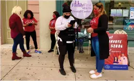  ??  ?? In-person voter regsitrati­on drive by nonprofit group Casa outside a busy health centre run in York. Photograph: Nina Lakhani/The Guardian