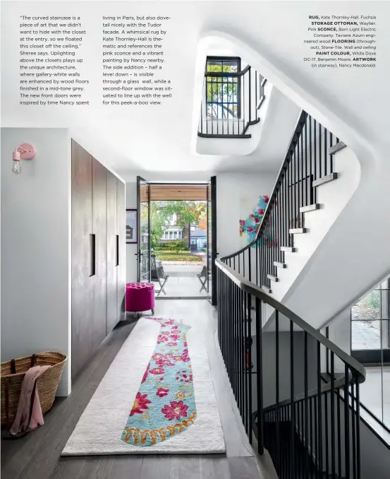  ??  ?? RUG, Kate Thornley-Hall. Fuchsia
STORAGE OTTOMAN, Wayfair. Pink SCONCE, Barn Light Electric Company. Taviane Azurri engineered wood FLOORING (throughout), Stone-Tile. Wall and ceiling
PAINT COLOUR, White Dove OC-17, Benjamin Moore. ARTWORK (in stairway), Nancy Macdonald.