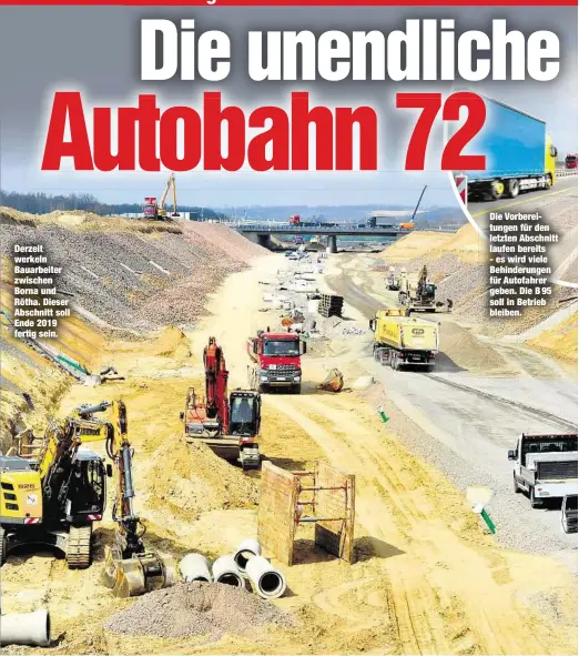  ??  ?? Derzeit werkeln Bauarbeite­r zwischen Borna und Rötha. Dieser Abschnitt soll Ende 2019 fertig sein. Die Vorbereitu­ngen für den letzten Abschnitt laufen bereits - es wird viele Behinderun­gen für Autofahrer geben. Die B 95 soll in Betrieb bleiben.