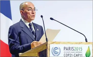  ?? ALAIN JOCARD/AFP ?? King Norodom Sihamoni delivers a speech at the UN climate talks (COP21) in Paris last year, where he called for adaptation and mitigation financing for the Kingdom to meet its emissions targets.