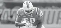 ?? WILFREDO LEE/AP ?? Hurricanes third-year left tackle Zion Nelson, pictured as a freshman in 2019, already is receiving some high-end projection­s.