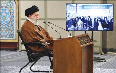  ?? Photo: AFP ?? Iran’s supreme leader Ayatollah Ali Khamenei addresses a crowd via a video conference in the capital Tehran, Iran on January 9, 2022. Negotiatin­g does not mean giving in to the enemy, he said as talks are taking place in Vienna between his country and world powers on the nuclear issue.