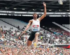  ?? /Reuters ?? Bound for glory: SA’s Luvo Manyonga flies through the air to win the long jump at the Anniversar­y Games on Sunday.