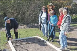  ?? MARILYNN LINLEY ?? Coun. Wayne Fowler plants a tulip bulb in the 150th Celebratio­n Flag bed while fellow planters Stephanie Nicoletti, Rosanne Nicholson, Haelie Webber, Mary Fowler, and Patsy Sabean look on. The Port Lorne Planters Group and friends planted the tulips to...