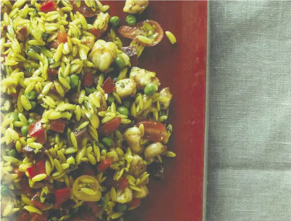  ?? RYAN ROBERT MILLER ?? Orzo stands in for rice in this salad adaptation of paella from Jeanne Kelley's Salad for Dinner: Complete Meals for All Seasons.