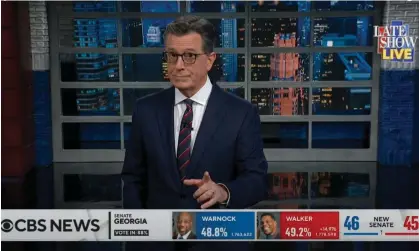  ?? ?? Stephen Colbert on the midterms: ‘So far, it does not look like a red wave. Too early to tell, but perhaps a pink trickle.’ Photograph: YouTube