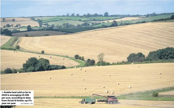  ?? Joe Giddens / PA ?? Arable land sold so far in 2020 is averaging £9,500 per acre, according to data from Strutt & Parker, up 5% year-on-year