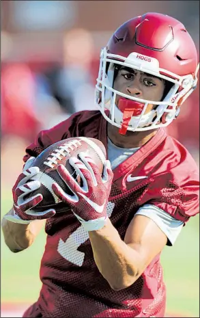  ?? NWA Democrat-Gazette/ANDY SHUPE ?? Arkansas coaches expect a lot from junior wide receiver Jonathan Nance this season, if he can avoid the injury bug that hampered him at Mississipp­i Gulf Coast Community College.