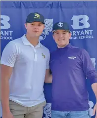  ?? Special to The Saline Courier ?? Bryant seniors Will Hathcote, left, and Aiden Adams smile for the camera after signing to pitch at the next level. Hatchote signed with Three Rivers College, with Adams inking with Tarleton State University. are really the dynamic parts of Will’s game.”
Hathcote with join a
Raiders team currently 16-13