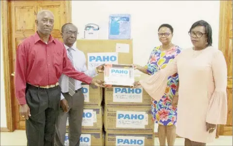  ??  ?? From left are Coordinato­r of the Health Emergency Operations Centre Dr Collin James, PAHO/WHO Country Representa­tive Dr William Adu-Krow, Minister of Public Health Volda Lawrence and Permanent Secretary of the Ministry of Public Health Colette Adams (Department of Public Informatio­n photo)