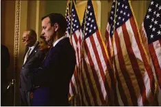  ?? Getty Images ?? Sen. Chris Murphy, D-Conn., listens at a news conference after a policy luncheon with Senate Democrats in the U.S. Capitol Building on June 14 in Washington, D.C.