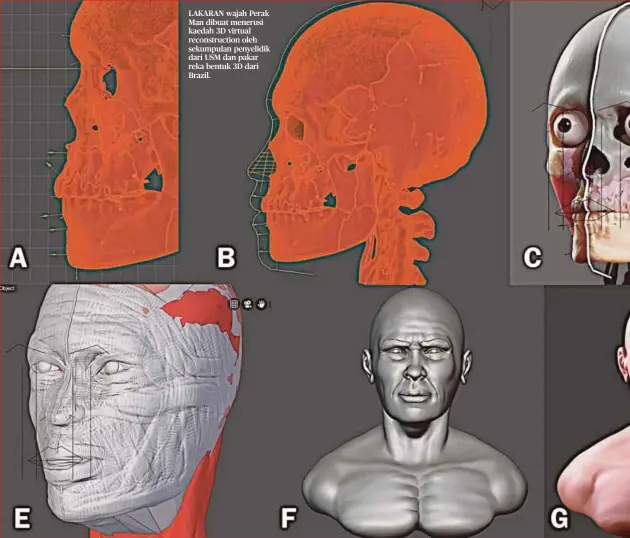  ??  ?? LAKARAN wajah Perak Man dibuat menerusi kaedah 3D virtual reconstruc­tion oleh sekumpulan penyelidik dari USM dan pakar reka bentuk 3D dari Brazil.