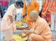  ?? HT PHOTO ?? Chief minister Yogi Adityanath performing a ritual during Kanya Pujan in Gorakhpur on Sunday.