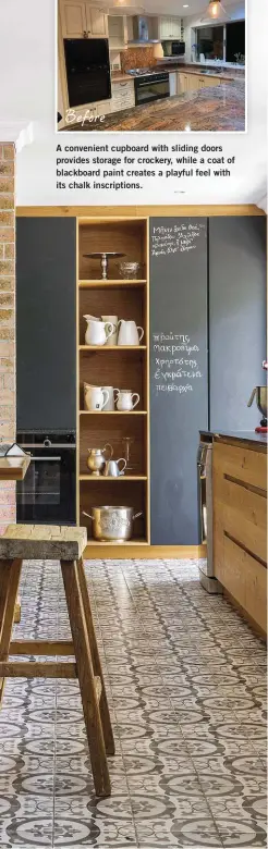  ?? ?? A convenient cupboard with sliding doors provides storage for crockery, while a coat of blackboard paint creates a playful feel with its chalk inscriptio­ns.