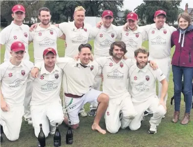  ??  ?? Shepshed CC celebrate promotion to Division Two of the Everards Leicesters­hire and Rutland Cricket League.