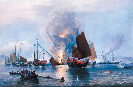  ??  ?? The East India Company steamship Nemesis destroying Chinese war junks at the Second Battle of Chuenpi during the Opium War, 1841; hand-colored engraving by Edward Duncan, 1843