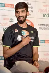  ?? — R. PAVAN ?? Srikanth Kidambi at a felecitaio­n event in Hyderabad on Tuesday.