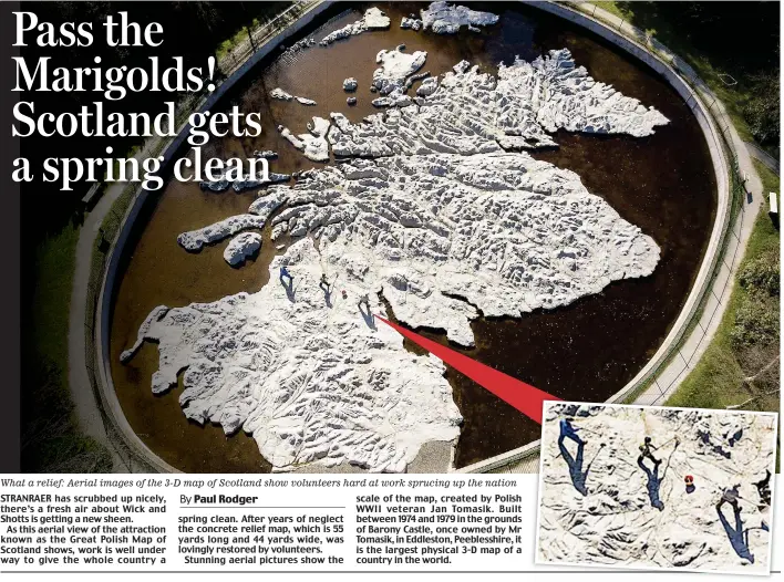  ??  ?? What a relief: Aerial images of the 3-D map of Scotland show volunteers hard at work sprucing up the nation