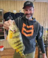  ?? Tim Reddinger ?? Chuck Main, of Ellwood City, holds the record-breaking perch — which may be documented as a tie — he caught on Monday off Presque Isle. The photo was taken inside Reddi Bait in Bridgewate­r, Beaver County.