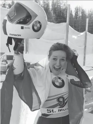  ?? URS FLUEELER/KEYSTONE VIA THE ASSOCIATED PRESS ?? Canada’s Mirela Rahneva celebrates her gold-medal victory at the women’s skeleton World Cup race in St. Moritz, Switzerlan­d, on Friday.