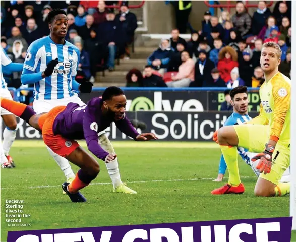  ?? ACTION IMAGES ?? Decisive: Sterling dives to head in the second
