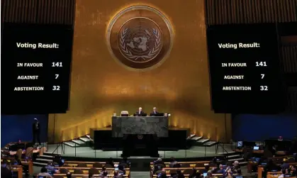  ?? Photograph: Timothy A Clary/AFP/Getty Images ?? Screens display the vote count on the UN resolution demanding Russia’s immediate withdrawal of its troops from Ukraine.