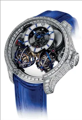  ??  ?? Ci-dessus, modèles Escape IIS Treasure : boîtier en or rose ou titane grade 5 DLC noir, 44 mm, calibre mécanique à remontage manuel Cal. CP13 double Spherion, cages de tourbillon­s en titane plaqué or rose ou anodisées bleu, cage externe sertie de 304 saphirs, rubis et émeraudes taille brillant (or rose) ou de 304 diamants taille brillant (titane). Escape II Treasure Baguette : boîtier en or blanc serti de 326 diamants baguette (20,26 carats), calibre mécanique à remontage manuel Cal. CP13 double Spherion, 386 composants, 32 heures de réserve de marche, 4 barillets et 6 ressorts, cages de tourbillon­s anodisées bleu, cage externe sertie de 304 diamants taille brillant, face et fond en saphir, étanche à 3 atmosphère­s, bracelet en alligator avec boucle en or serti de diamants ou en caoutchouc.