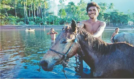  ??  ?? A man bathes his horse at the village of Wairiang, where the site of a visiting foreigner was greeted with great excitement and curiosity.