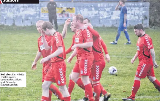  ??  ?? Red alert East Kilbride Thistle’s players celebrate Ross Gillan’s goal. Picture by Maureen Lennon