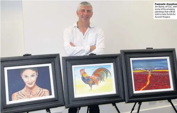  ??  ?? Fantastic donation Jim Barrie, of CGC, with some of his amazing paintings that will be sold to raise funds for Accord Hospice