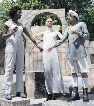  ?? ALLEN McINNIS ?? Shauna Thompson as Romeo, left, Adam Capriolo as Mercutio and Michelle Rambharose as Juliet during rehearsal for Repercussi­on Theatre’s Shakespear­e-in-the-Park production of Romeo and Juliet.