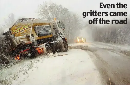  ??  ?? Tough conditions: A gritting lorry ends up in a snowy ditch during a blizzard in Denbighshi­re, north-east Wales yesterday