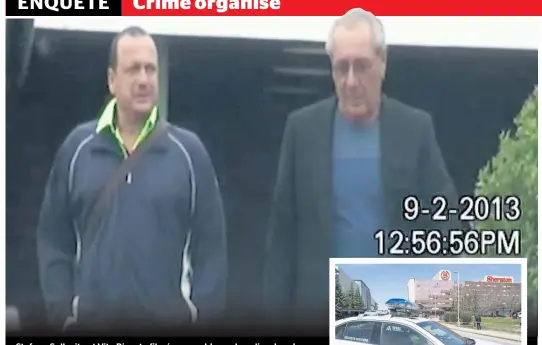  ?? PHOTOS D’ARCHIVES ET COURTOISIE ?? Stefano Sollecito et Vito Rizzuto filmés ensemble par la police dans le cadre de l’enquête Magot en 2013. En mortaise, le Sheraton de Laval, où Salvatore Scoppa, le frère d’Andrew, a été tué en mai 2019 lors d’une réception.