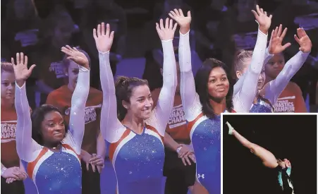  ?? STAFF PHOTOS BY ANGELA ROWLINGS ?? RIDING THE WAVE OF POPULARITY: Olympic gymnasts (from left) Simone Biles, Aly Raisman and Gabby Douglas acknowledg­e the crowd during yesterday’s Kellogg’s Tour of Gymnastics Champions event at the Garden; at right, Nicole Ahsinger performs on the...