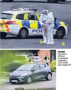  ??  ?? PROBE Forensics officers investigat­e stabbings. Left, street was sealed off