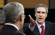  ?? ADRIAN WYLD/THE CANADIAN PRESS FILE PHOTO ?? Michael Ignatieff, right, gestures to Stephen Harper during the 2011 leaders debate.