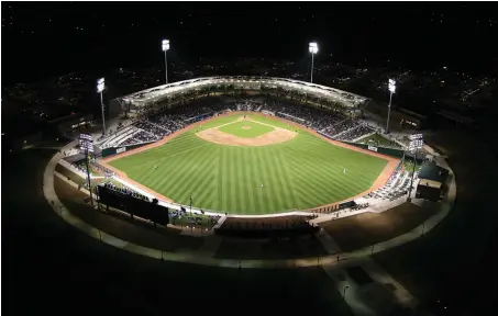  ??  ?? Aerial shot of night game at Arvest Ballpark, during the inaugural season for the Northwest Arkansas Naturals