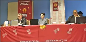  ?? SAHRC / ?? Adv André Gaum, Dr Eileen Carter and Adv Loyiso Mpondo during the SAHRC’S investigat­ion into the schools’ codes of conduct.