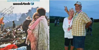  ??  ?? This combinatio­n of pictures created on August 16, 2019 shows live album (left) of “Woodstock: Music from the Original Soundtrack and More” features couple Bobbi and Nick Ercoline on the cover and the same Bobbi and Nick Ercoline, posing 50 years later at Bethel Woods Center for the Arts on August 15, 2019 in Bethel, New York. — AFP