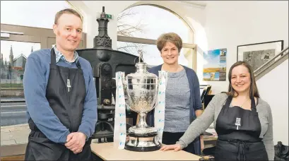  ??  ?? John McNaught, studio manager, Angela Cran, administat­or, and Alison McMenemy, director of Highland Print Studio.