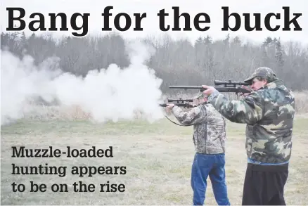  ?? ADAM MACINNIS/THE NEWS ?? James Agnew, front, and his father Fraser Agnew fire muzzle-loaded guns at a rifle range in Pictou County.