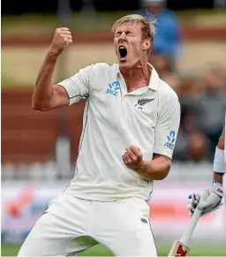  ?? PHOTOSPORT ?? deployment of the now-familiar four-pronged seam attack, and improved on his maiden outing by taking 5-45 in the first innings and scoring 49 in a seven-wicket win.
Black Caps seamer Kyle Jamieson celebrates a wicket during his test debut against India in February, 2020.