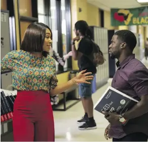  ??  ?? Teacher, portrayed by Tiffany Haddish, left and student, Kevin Hart, face off in Night School, a comedy about misfits forced to attend adult classes.