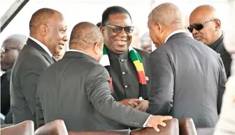  ?? — Pictures: Presidenti­al Photograph­er Joseph Nyadzayo ?? President Mnangagwa chats with fellow Heads of State, South African President Cyril Ramaphosa, Mozambican President Filipe Nyusi, Angolan President Joao Manuel Lourenco and Botswana President Mokgweetsi Masisi at the burial of Namibia’s late President Hage Geingob at the Heroes Acre in Windhoek yesterday.