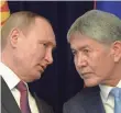  ?? VYACHESLAV OSELEDKO, AFP/GETTY IMAGES ?? Russian President Vladimir Putin, left, speaking with his Kyrgyz counterpar­t, Almazbek Atambayev, said Tuesday that sanctions on Syria would undermine negotiatio­ns.