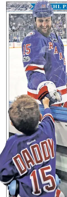  ?? Getty Images (2) ?? BIG DADDY: Tanner Glass fist bumps his 3-year-old son, Sawyer, through the glass before Game 3. Antti Raanta (right) shares a moment with his 3-month-old daughter, Evelyn, and his wife, Anna.